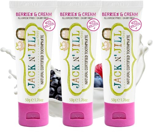 Jack N' Jill Natural Toothpaste for Kids - Fluoride Free Toothpaste, 40% Xylitol, BPA Free - Berries N' Cream, 1.76 oz (Pack of 3)
