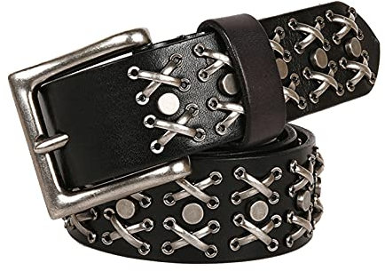Nietengürtel 3.8 cm Breit Ledergürtel Mit Glitzerndem Kreuz Und Nieten in Runder Anordnung, Echt Leder Gürtel Für Damen Und Herren, Kürzbar,Schwarz,115cm/waist:38~40