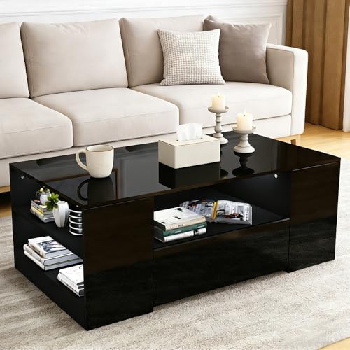 BESTWANTED Modern Black Gloss Coffee Table, 95 x 55 x 37cm, 2 Drawers, 6 Shelves, Rectangular Centre Table for Living Room, Home Office