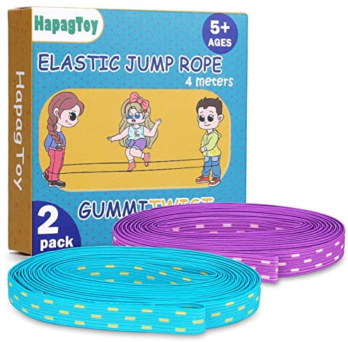 HapagToy Gummitwist Kinder, 2 Stücke Premium Gummitwist Set Länge 4m und Breite 1cm Hüpfgummi Sport für Kinder, Hüpfspiele Stretchseil Outdoor Spielzeug Grün und Lila, Geschenke für Junge & Mädchen