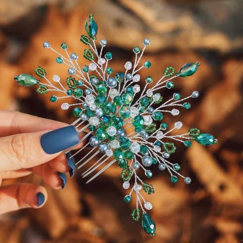 IYOU Hochzeits-Haarkamm mit grünen Strasssteinen, Prinzessinnen-Haarschmuck für Brautjungfern, Haarschmuck für Damen