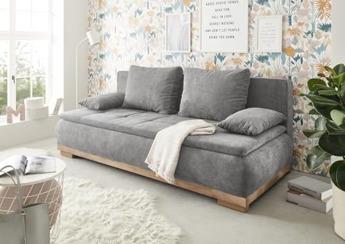MILA Bequemes Schlafsofa mit Bettkasten in Artisan Eiche Optik, Dunkelgrau - Ausziehbares Sofa mit Schlaffunktion - 208 x 93 x 105 cm (B/H/T)