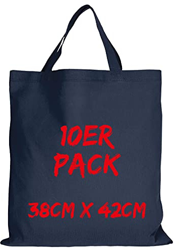 TEXXILLA Baumwolltasche - 10er Pack | Dunkelblau | mit Zwei kurzen Henkeln | 38x42cm | Jutebeutel | Einkaufstasche | unbedruckt