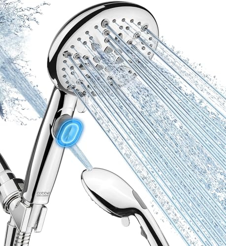 Cobbe 9-Function Shower Head with Built-in Power Spray, 1.8 GPM Water Saving ON/OFF Toggle Switch, High Pressure Handheld Showerhead with 1-Click Pause Button, Brass Bracket & 6ft Hose, Chrome