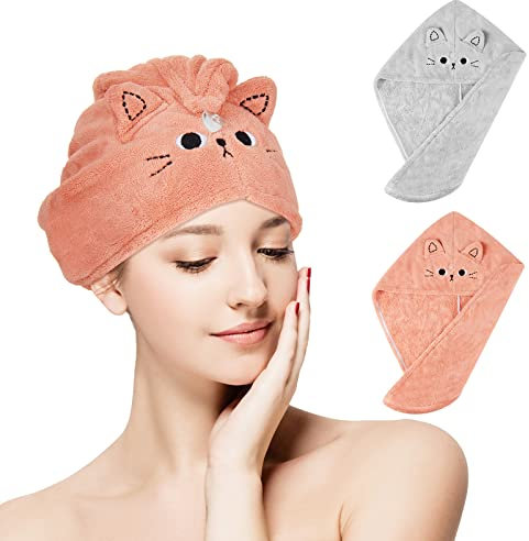 Tatuo 2 Stück Mikrofaser Haartuchwickel Absorbierender Haartuch Schnelltrocknend Haarturban Anti Frizz Haarhandtuch Haartrockentuch für Frauen(Dunkelrosa, Blaugrau,Katze)