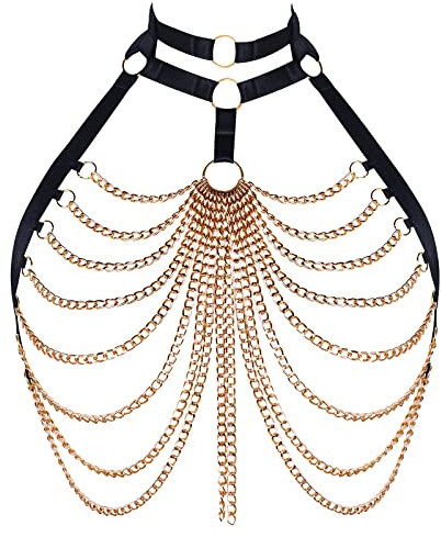 Damen Körper Harness BH Plus Größe Hohl Metall Kette Mode Punk BH Gothic Halloween Tanz Kostüm (Schwarz+Gold D)