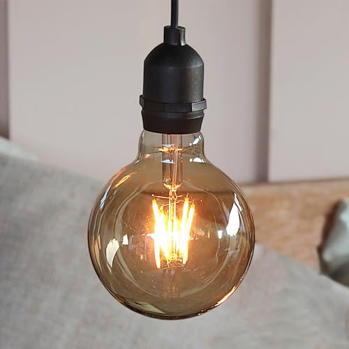 hellum Hängelampe mit Batterie, Fernbedienung Timer outdoor Ø9,5×13,7cm | Dimmbare Glühbirne outdoor gold mit Batterie (4xAA), LED Filament, G95, Retro Birne für Balkon, Terrasse, Garten 150414