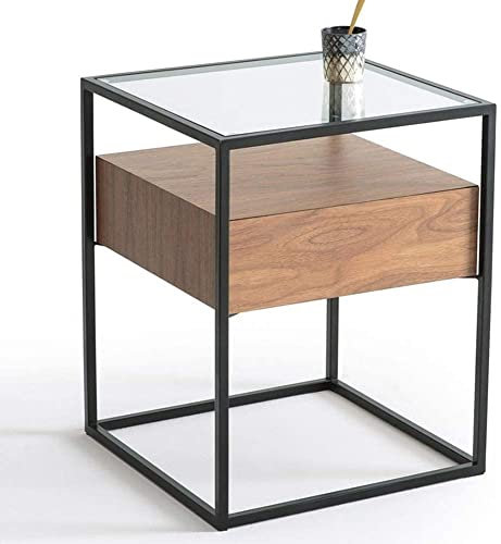 Table Basse Tables Basses Table d'appoint Table de canapé en Verre trempé rétro Industriel avec tiroirs en Bois Massif, Table de Chevet de Chambre, 16,9 x16,9 x21,6
