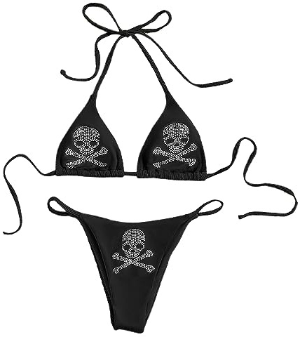 JasmyGirls dam dödskalle mönster triangel tanga sexig 2 stycken bikini baddräkt festival rave kläder strass bh topp, Svart uppsättning, M