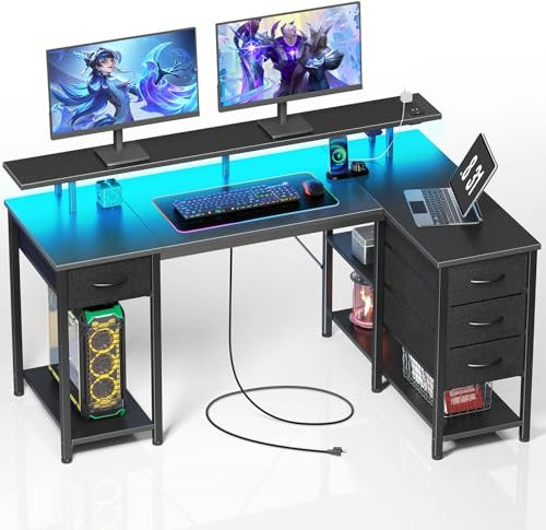 Seventable Computertisch L Form mit 4 Schubladen & Ablageflächen, Gaming Tisch mit LED & Steckdosen, Gaming Schreibtisch mit Monitorständer für Homeoffice, Schlafzimmer, Wohnzimmer (Schwarz, 120 cm)