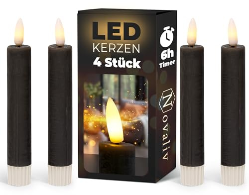 Novaliv Stabkerzen LED mit Timer SCHWARZ 4 Stück Indoor 6 Stunden - ECHTWACHS 15cm Höhe für Kerzen 2,2cm Durchmesser 2 AAA Batterien notwendig LED Stabkerzen flackernde Flamme bewegliche Flamme Licht