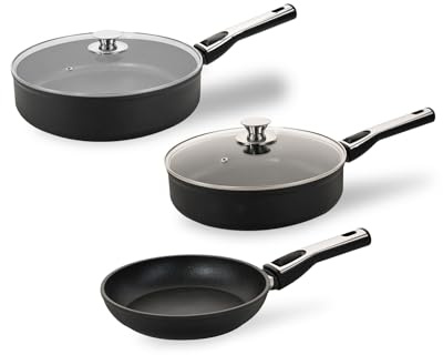 Genius Cerafit Plasma Pfannen Set 5 tlg, Hochrandpfanne, Keramik antihaft Beschichtung, Bratpfanne, abnehmbare Griffe, Glasdeckel, backofengeeignet