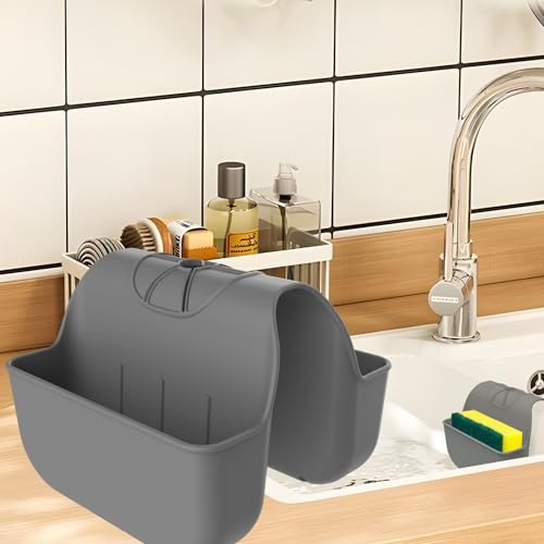 OKeanu Sponge Holder for Kitchen Sink, Silicone Sink Saddle Caddy Organizer Rack, Sponges Holder Over Faucet, Hanging Kitchen Sink Organizer Accessories Rack Basket - Dark Gray