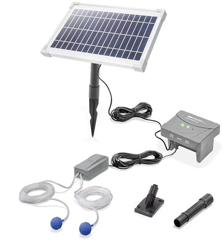esotec Solar Teichbelüfter Set 8/200, 6,4V/DC Belüfterpumpe, LiFePO4 Akku, Teichbelüftung, Sauerstoffpumpe 200l/h Luftleistung, Solarpanel 8W, Erdspieß 101878