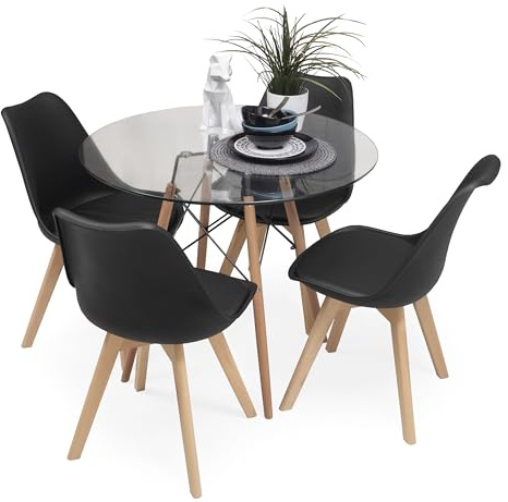 Homely® Conjunto de Comedor Tower-Day 100 |4 sillas de Comedor Nórdicas Day | Mesa Tower de Cristal 100 cm. | Diseño NÓRDICO ESCANDINAVO | Pack de Comedor o Cocina| Color Negro
