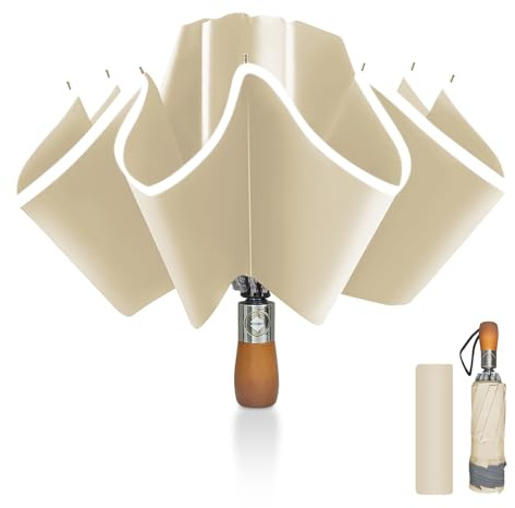 Pioggistar Regenschirm Sturmfest, Taschenschirm für Herren und Damen, Umgekehrter Regenschirme 10 Rippen, Holzgriff Regenschirm, Automatisch Auf und Zu, kompakt, Durchmesser 105 cm, Beige