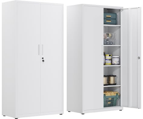 HOMSTEEL Armadietto in Metallo, Armadietto per Garage con Chiusura a Chiave, con 5 Ripiani per Ufficio con Ripiani Regolabili, per Ufficio, Garage e Ripostiglio, Bianco