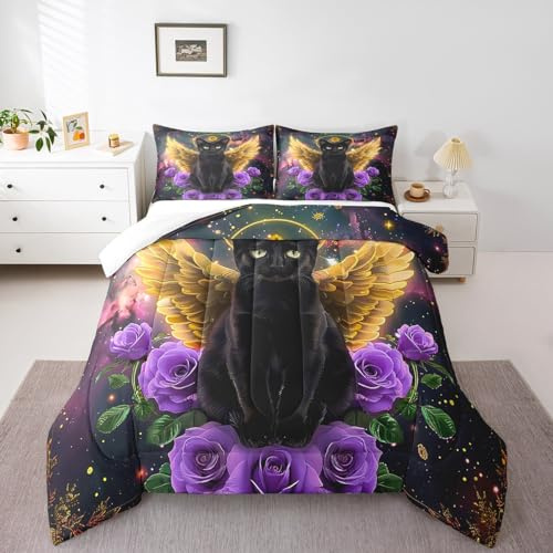 Cute Cat Comforter Set Queen Size,Dreamy Magical Wings Cat Bedding Set Kids Boys Girls Room Decor Flower Black Animal Cat Lover's Quilt Set Glitter Starry Sky Romantic Duvet Insert,2 Pillowcases