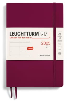 LEUCHTTURM1917 370786 Wochenkalender Medium (A5) 2025, Softcover, Port Red, Englisch