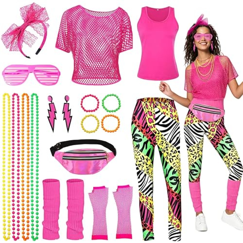 BIQIQI 80er 90er Jahre Outfit Damen Set, 80s 90s Retro Trainingsanzug Kostüm Accessoires, T-Shirt, Netzshirt, Gürteltasche, Ohrring, Halskette, Netzhandschuhe, Leggings, Beinwärmer