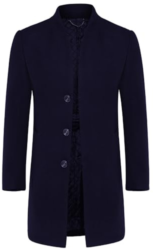 YOUTHUP Men's Coat Winter Thick Wool Trench Coat Mid-Length Slim Fit Padded Warm Casual Peacoat, Blue, XL