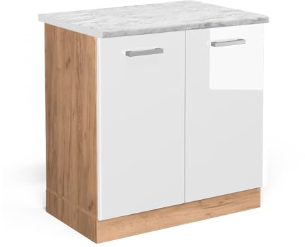 Vicco Meuble Bas sous-évier R-Line, Blanc Haute Brillance, 80cm | 2 Portes · Plan de travail incl. · Pieds réglables en hauteur · Grand espace intérieur ✓ · Librement combinable