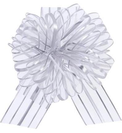 Moguri 5 Stück Zugschleife groß 15 cm Organza-Zugschleife, Geschenkverpackungs-Zugschleife mit Band zum Verpacken von Geschenkkörben, Hochzeit, Silber