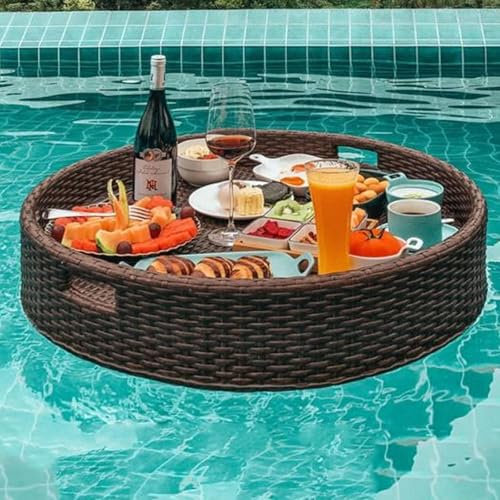 Schwimmendes Serviertablett, Schwimmender Tabletttisch, Schwimmendes Tablett For Pool-Strandpartys For Erwachsene, Rundes Schwimmendes Brunchtablett For Poolgetränke, Obst, Essen Auf Dem Wasser, Braun