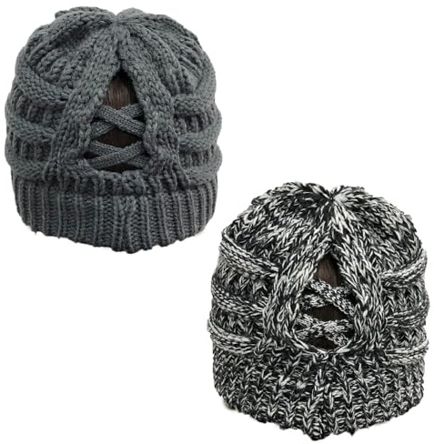 TMTGTS mjuka bollar vintermössa damer hästsvans mässigt bun beanie svans stickad slouchy hatt varm stretch flätor hål slinga stickad mössa för kvinnor flickor långt hår två stycken (6#)