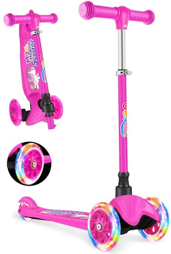 BELEEV 3-Wheel Scooter for Kids Age 2-6, Scooter for Toddlers Girls Boys Children, Adjustable Height, Lean to Steer, Light Up Wheels, Extra-Wide Deck(CARTOON PINK)