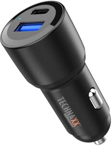 Dual Car Charger Technaxx 60W – Adaptateur de Chargeur Allume-Cigare 2 Ports 60 W TX-306 avec Sortie USB Type-C et USB-A, PD 30 W et QC3.0, Charge Dynamique PPS, entrée 12-24 V