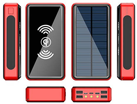 Batterie Externe Solaire 100 000 mAh, Chargeur Solaire sans Fil avec 5 Sorties (QI + 4 USB), Batterie Externe Solaire avec Lampes de Poche LED, Chargeur Portable sans Fil Qi pour iPhone, Sam