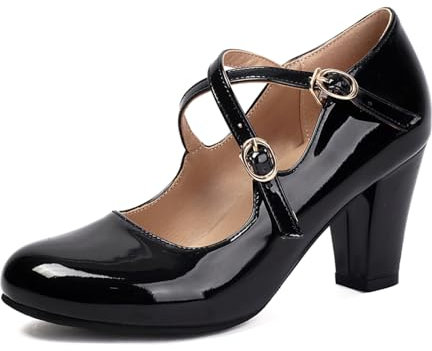 MISSUIT Damen Mary Jane Pumps Lack Blockabsatz Riemchen mit Schnallen(Schwarz,41)