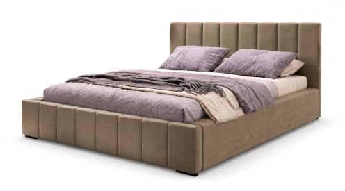Nero Polsterbett 200x200 mit Kopfteil, Bettkasten & Lattenrost, Braun | Bett 200x200 großer Bettkasten, Holz-Lattenrost mit Rahmenheber, weicher Velours-Bezug, schnelle Selbstmontage