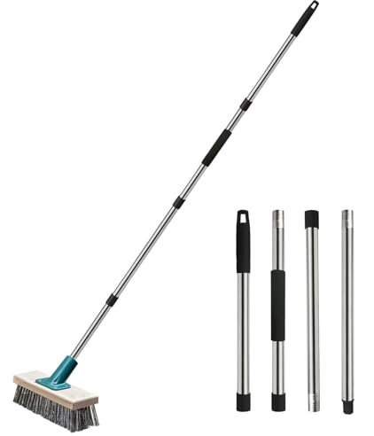 Push Broom Brush Stainless Steel Wire Scrub Brush with Long Handle for Moss, Tough Stains on Deck, Grout, Garage, Patio