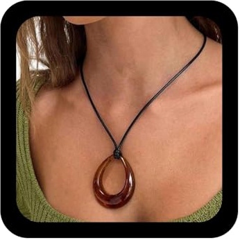 Xmsrn Vintage Black Leather Choker Necklace Hollow Teardrop Pendant Necklace Brown Acrylic Waterdrop Choker Necklace Boho Teardrop Statement Necklace Jewelry for Women
