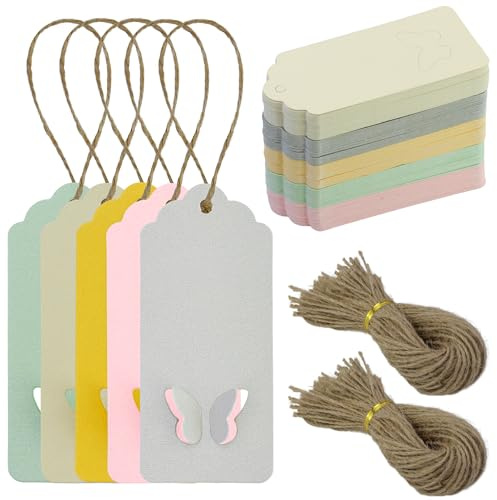 Geschenkanhänger Kraftpapier Anhänger Etiketten 9x4 cm, 200 Stück Tags und 200 Stück Juteschnur, für Basteln Weihnachts Hochzeits Geschenke (5 Farben)