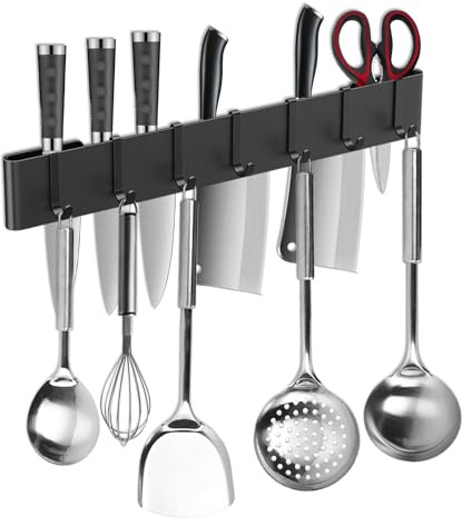 Barra Magnética para Cuchillos de 40 cm, Portacuchillos Magnético de Acero al Carbono, Portacuchillos Autoadhesivo con 7 Ganchos, Portacuchillos Magnético para Cuchillos y Utensilios(Negro)