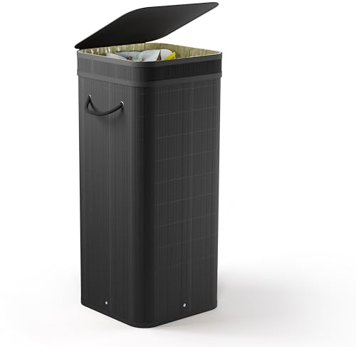 NewHabitat Gelber Sack Ständer Bambus 80L Schwarz – Behälter mit Deckel | Gelber Sack Halter & Mülleimer aus Holz für gelbe Säcke, geruchsdichter Deckel, nachhaltig, stabil, einfacher Aufbau