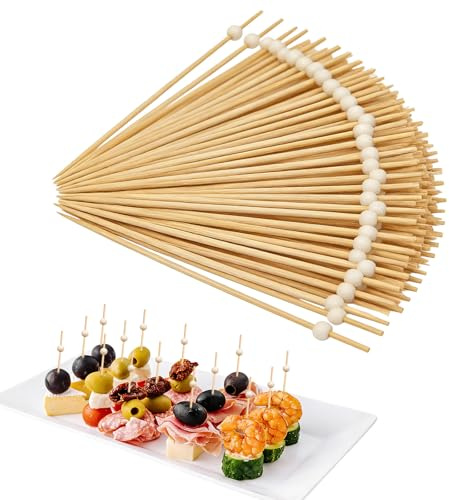 Feegela 100 stycken cocktailspett med träpärlor – 12 cm träspett för fingermat, frukt och fester, praktiska cocktailtillbehör för buffé, grillning och fester