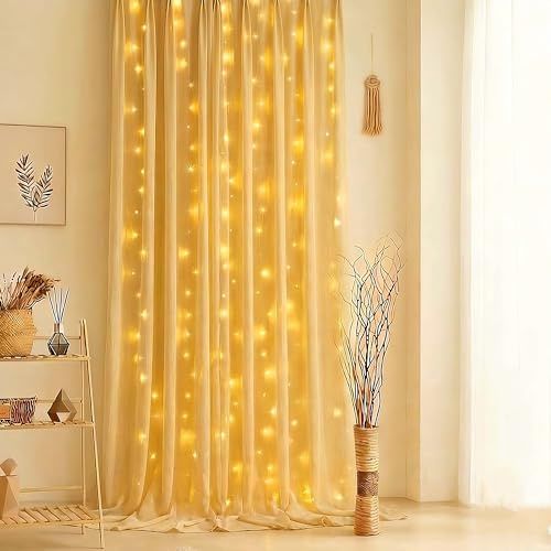 HHMTAKA Curtain Fairy Lights 3M x 3M 300 LED USB Operated 8 Modes String Fairy Light Indoor Hanging Window Lights with Hooks for Christmas, Wedding, Party,Wall, Home Decorations (Warm White)