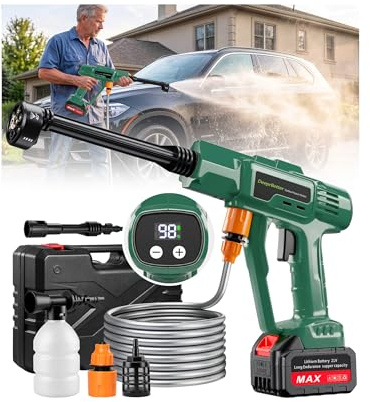 DeeprBetter Hidrolimpiadora de Alta Presion a Batería, 600PSI Pistola de Agua a Presión con Boquilla Ajustable 6 en 1, Pistola Hidrolimpiadora Portatil con 3 Velocidades Regulables para Coche - Verde