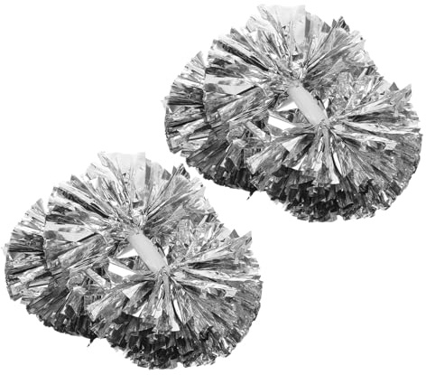 Ciieeo Lot de 4 Gros Pompons Métalliques Argentés avec Poignée Grands Pompons de Cheerleading Légers pour Compétitions Sportives, Danses et Esprit D’équipe des Pom-Pom