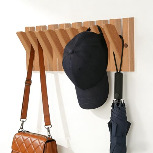 DsoneJagr Wall Mounted Coat Rack with 9 Retractable Hooks, Wooden Modern Space-Saving Piano Hanger for Jackets, Towels, Bags and Leashes in 15 inch