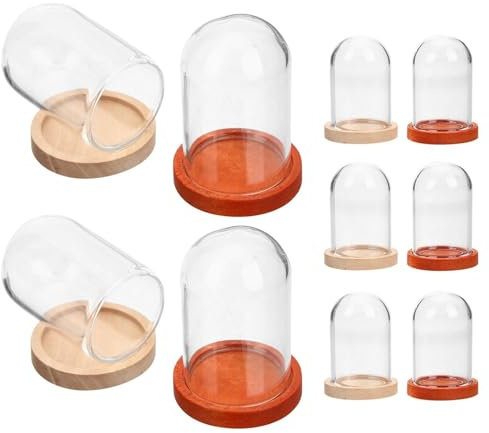ULTECHNOVO Set 10 Mini Cupole a Campana in Vetro Trasparente con Base in Legno Naturale e Marrone Scuro, Teca Espositiva per Piante Grasse, Decorazioni Casa e Scrivania, Accessori Decorativi