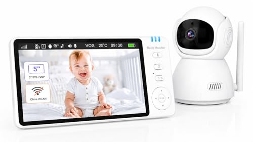 BURNNOVE Babyphone mit Kamera ohne WLAN, 5 Zoll IPS 720P Video Babyphone, Baby Monitor mit Nachtsicht, VOX Modus, 355° Schwenkbar, 4X Zoom, 2-Wege-Audio, Temperaturanzeige, 3500mAh Akku