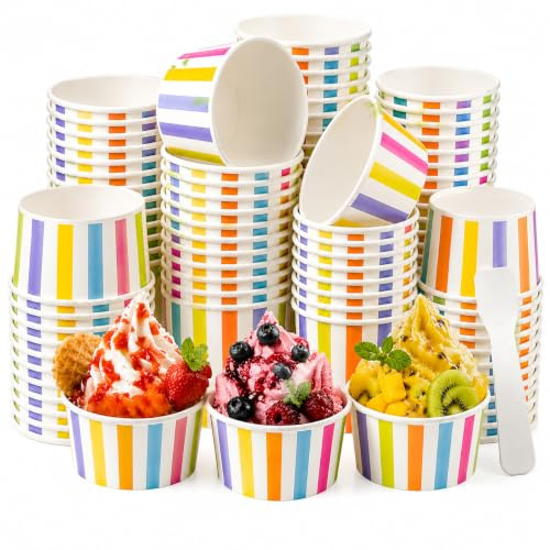 dellyy 50 Pcs Papier Coupes à Glace, Coupelle Glace Enfant, Carton Gobelet Glacée, Papier Tasses à Dessert,Carton Coupe Glacée, Jetable Coupes à Glaces, Tasses à Dessert avec Cuillères pour Fêtes