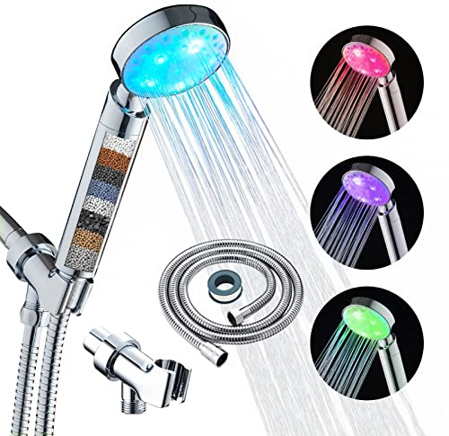 KAIREY Led Shower Head 7 Color Light Change Automatically Handheld Showerhead Polished Chrome with 60 Inches Stainless Steel Hose and Adjustable Bracket Filtered Shower Head