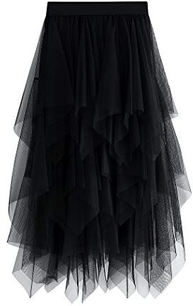 WangsCanis Damen Tüllrock Elastische Taille Unterrock Ballettrock Faltenrock Maxirock Sheer Tutu Tüll Rock, Einheitsgröße, Schwarz Knielänge