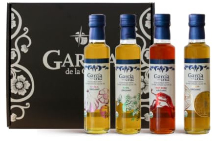 GARCÍA DE LA CRUZ Aceite de Oliva Virgen Extra Ecológico Aromatizado 250 ml | Aromas Ajo, Albahaca, Chili y Limón. Estuche regalo. Botellas de vidrio. Pack 4. Procedencia Montes de Toledo, España.